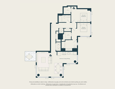 Floor plan for 2 beds, 2 baths, 1256 sqft